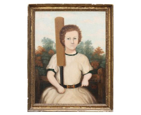 EARLY CRICKETa charming naive portrait of a child clutching a cricket bat, with an autumnal backdrop of trees and foliageoil 