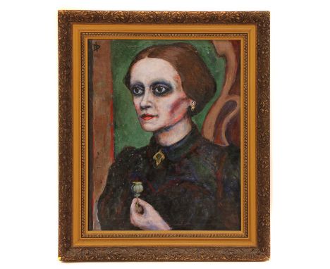 IAN DICKINSONGothic portraita portrait of a Victorian woman holding a poppy bud, signed and dated to the verso, oil on canvas