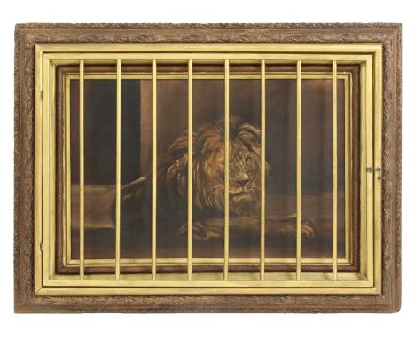 BEHIND BARS,late 19th/early 20th century, an extraordinary pair of oil paintings on a printed ground, of a lion and tiger loo