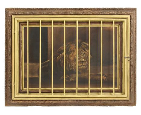 BEHIND BARS,late 19th/early 20th century, an extraordinary pair of oil paintings on a printed ground, of a lion and tiger loo