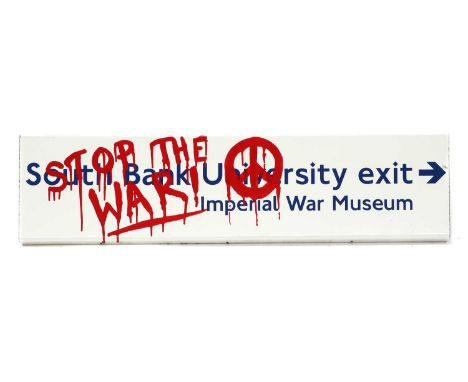 TRANSPORT FOR LONDON,'STOP THE WAR', an original graffitied enamel underground sign, likely taken from Elephant and Castle St