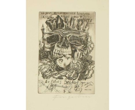 SCENES OF THE OCCULT,c.1920, four ex libris prints, subjects including skulls, occultism, naked women, and necromancy, by Mic