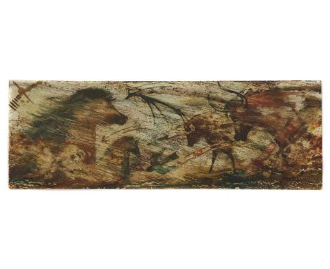 *JACQUI NEWMAN (b.1960)Faux Neolithic arttwo interpretations of cave paintings, depicting horses and buffalo, both signed l.r
