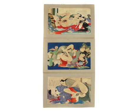 JAPANESE EROTICA,19th century Japan, Meiji period, a collection of three shunga erotic prints and another Japanese print, eac