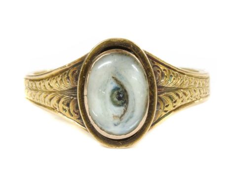 LOVER'S EYE RING,a lover's eye ring, with a painted lover’s eye miniature under a convex glazed panel, later set to a Victori