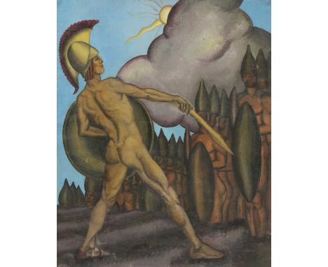 BRITISH SCHOOLJason Versus the Spartoian Art Deco-style male nude warrior standing before the emerging Spartoi, oil on canvas
