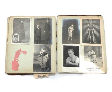 FREAKS AND MORE,c.1900, an interesting scrapbook of freak show, circus, wrestling and skating memorabilia, starting from the 
