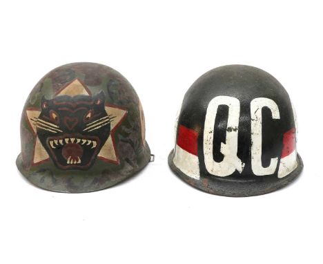 VIETNAM WAR,1960s, a pair GI helmets, decorated with army 'Nose Style' illustrations, in perspex boxes, 35cm wide50cm long30c