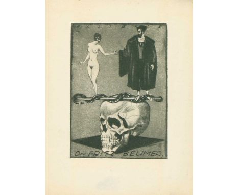 SCENES OF THE OCCULT,c.1920, six ex libris prints, subjects including skulls, occultism, naked women, and necromancy, by Walt