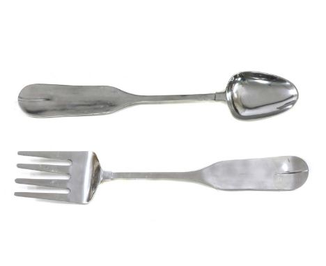 GIANT CUTTLERY,20th century, a giant aluminium spoon and fork, possibly from a restaurant,120cm longCondition report: Surface