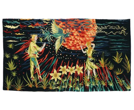 FANTASY TAPESTRY,mid-20th century, French, a wall tapestry with brightly-coloured fantasy figures and a large bird looking to