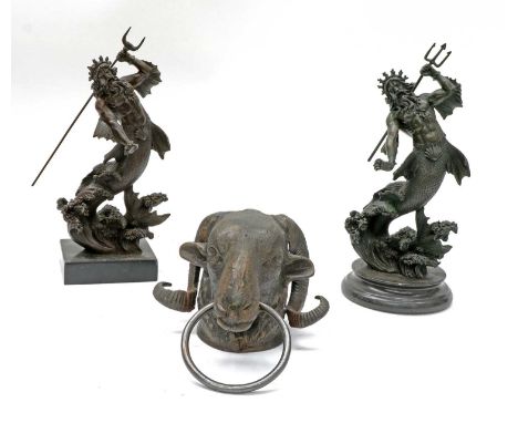 NEPTUNE,late 20th century, two patinated metal sculptures depicting Neptune, one with trident, one with bident, both mounted 