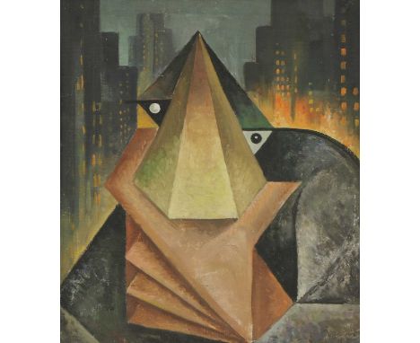 BRITISH SCHOOL, 20th centuryA cubist portrait before a burning metropolisoil on board41 x 35cm