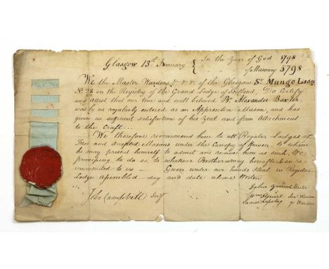 ALEXANDER BAXTER,1798, of Napoleonic and Masonic interest, a rare certificate issued by the Glasgow St Mungo’s Masonic Lodge 
