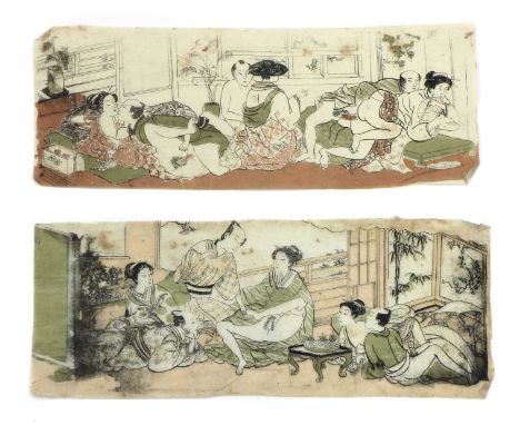JAPANESE EROTICA,19th century, Japan, Meiji period, two shunga woodblock prints, both with bathhouse scenes, 11 x 30cm (2)Con