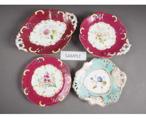 A 19th century bone china floral decorated part dessert service with ruby gilt borders and three similar dishes 