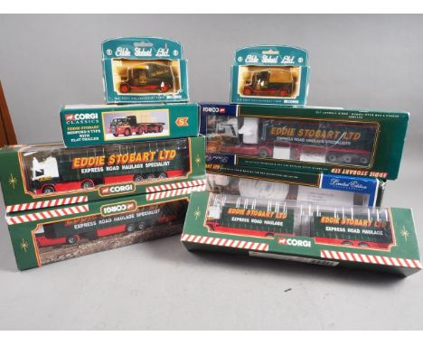 Eight Corgi Diecast model Eddie Stobbart trucks and lorries, including a limited edition DAF XF Space CAB &amp; Flatbed Trail