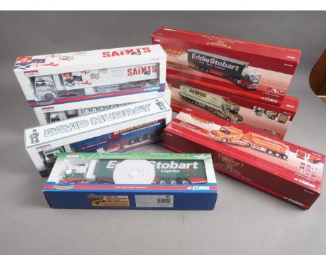 Seven Corgi Diecast model "Hauliers of Renown" lorries, including a limited edition Scania T Topline Curtainside with Moffet 