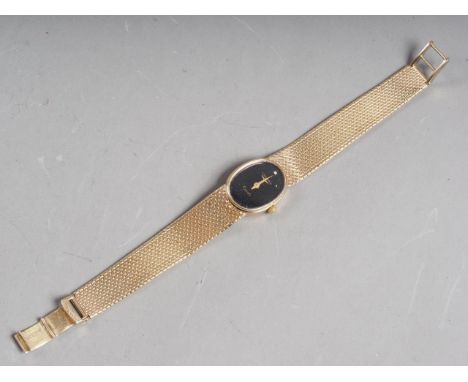 A lady's 9ct gold Longines bracelet watch with black enamel dial, 27.4g overall 