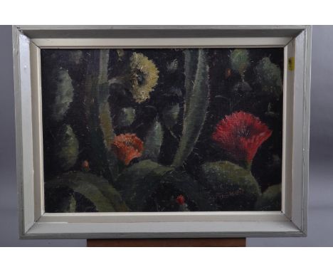 M K Warburton: oil on board, plant in a vase, 23 1/2" x 19 1/2", and another similar oil on board, cactus flowers 