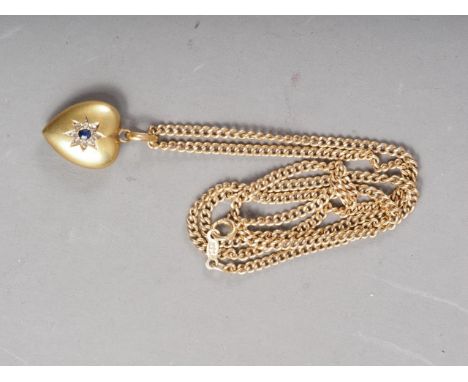 A 15ct gold, diamond and sapphire heart-shaped pendant, on 9ct gold flat curb link necklace, 9g overall 