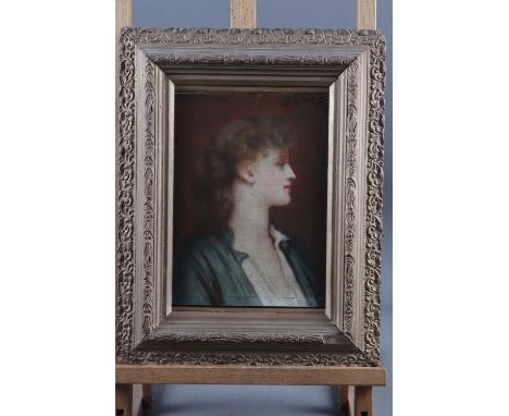 Florence M Heath after Leighton: oil on board, Portrait bust of a girl in profile, 9" x 6 1/2", in gilt strip frame 