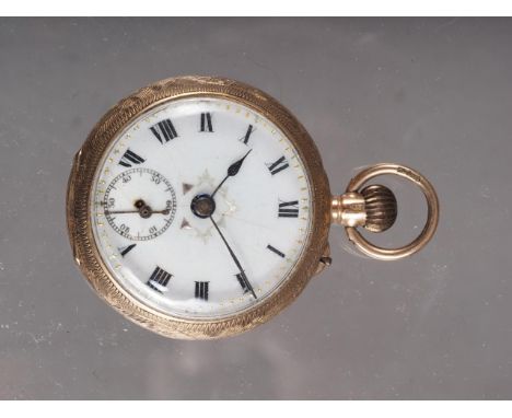 A 9ct gold cased open faced fob watch with white enamel dial and Roman numerals, 20g gross 