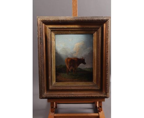 Dutch School: oil on board, cow in field with distant figure, 10 1/4"  x 8", in gilt strip frameCondition:Some marks to centr