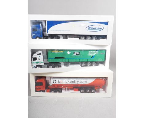 Three Eligor die-cast 1:43 scale models of lorries, Gwyned Shipping Group, Mackeefry tanker and Wincanton trailer, in origina