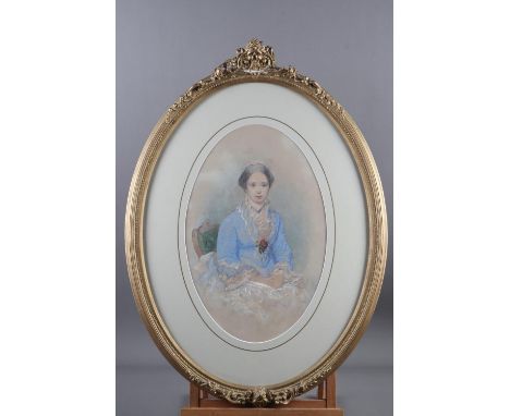 A 19th century watercolour portrait of an unknown woman in blue jacket, 16 1/2" x 11", in oval gilt frame 