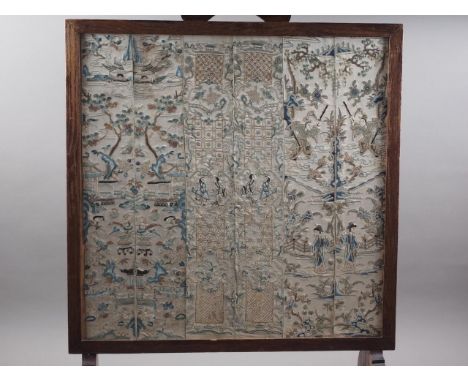 Six 19th century Chinese mandarin's silk embroidered sleeve panels, figures in landscapes, framed as a fire screen, 19 1/4" s