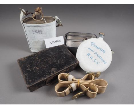 A quantity of military and other items, including military badges, canteens, mess tins, a Victorian horse brass, a silver pla