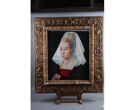Dutch School after Van Eyke: oil on canvas, portrait of a woman, 22 1/2" x 19", in deep carved gilt frame