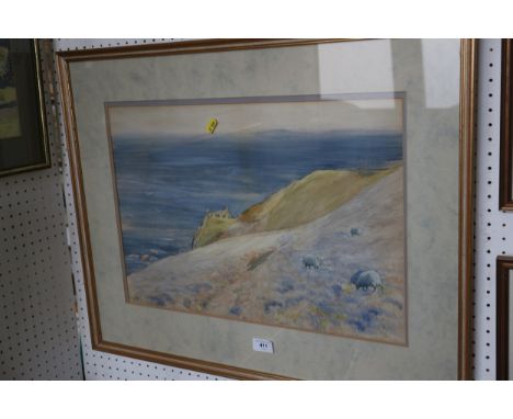 Gordon Home: watercolours, sheep on a coastal cliff, 14" x 20", in gilt decorated strip frame, an oil on board, landscape at 