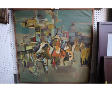 M S Sivnesan, '68: oil on canvas, city scene with elephant, 28" x 28", in teak frame, and a companion painting, seated musici