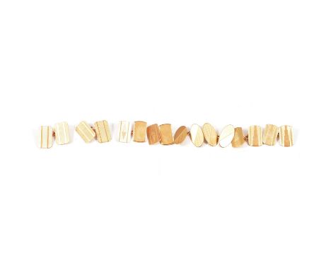 Four pairs of 9 carat yellow gold engine turned chain link cufflinks, three rectangular pairs and one oval, one pair hallmark