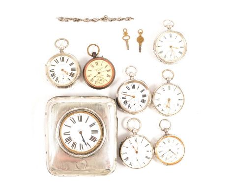 A Goliath pocket watch in a silver-fronted rectangular case, and six silver pocket watches, a Goliath 8 day open face pocket 