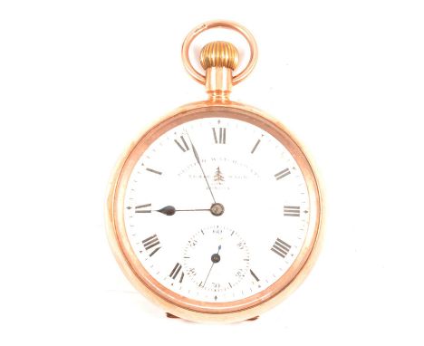 British Watch Co Ltd - a 9 carat yellow gold open face pocket watch, 41mm white enamel dial with roman numeral chapter ring a