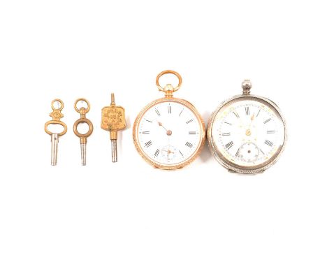 A yellow metal fob watch, 21mm white enamel dial with roman numerals in a 36mm engine turned yellow metal case with vacant ca