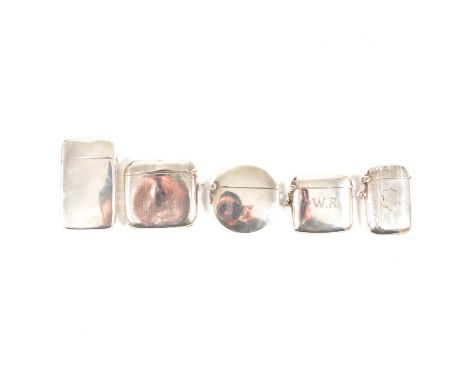 Five silver vesta match cases, 43mm engine turned Joseph Gloster Ltd Birmingham 1916; 42mm engine turned Joseph Gloster Ltd B