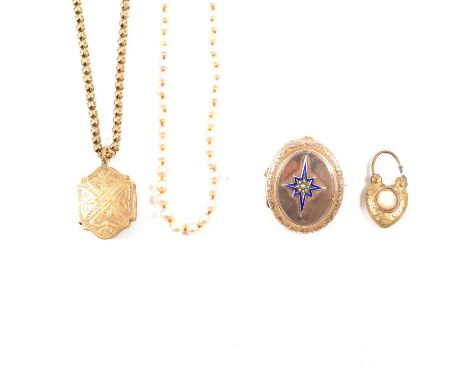 A gold back and front 30mm shield shape locket on a metal chain, a brooch converted from a 35x30mm gold back and front locket