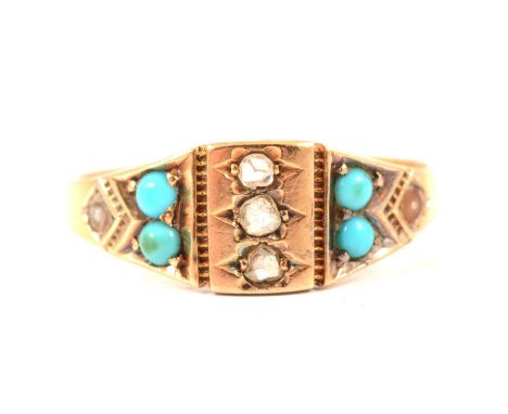 A Victorian turquoise and diamond ring, three rose cut diamonds set vertically with a pair of turquoise to each side, a small