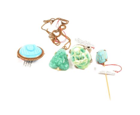 A collection of vintage Peking glass and similar costume jewellery, a 90mm stick pin with carved Peking glass and clear paste