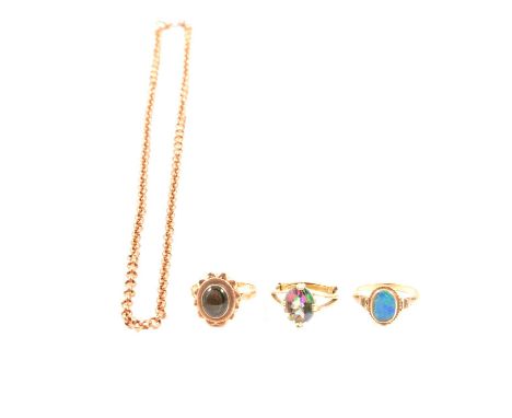 Three gold dress rings and a gold chain, an opal doublet set in a yellow metal mount marked 10K, ring size O, 2.3g; synthetic