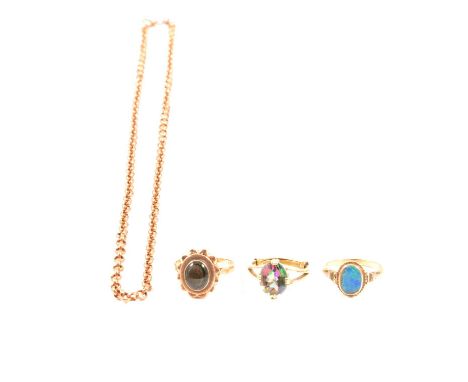 Three gold dress rings and a gold chain, an opal doublet set in a yellow metal mount marked 10K, ring size O, 2.3g; synthetic