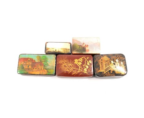 Five snuff boxes, Japanese and European, one black box depicting Japanese figures in gilt; 8 x 5.5cm; another in deep red wit