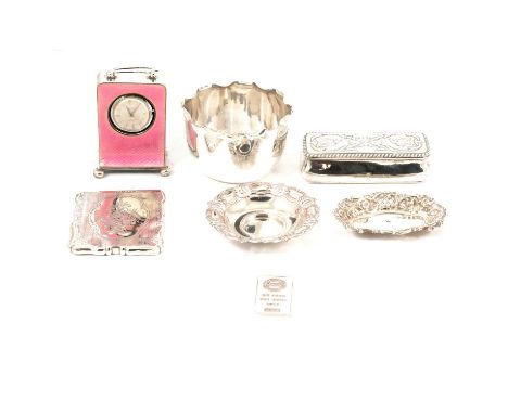 A collection of small silver, two pin trays, 8.5cm Birmingham 1905; 8.5 x 5.5cm Birmingham 1895; 9cm diameter plain polished 