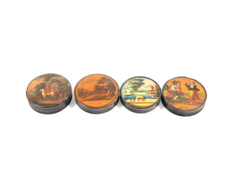Four 19th century circular papier mache circular snuff boxes, all with scenic panel to the tops, two in the Dutch old master 
