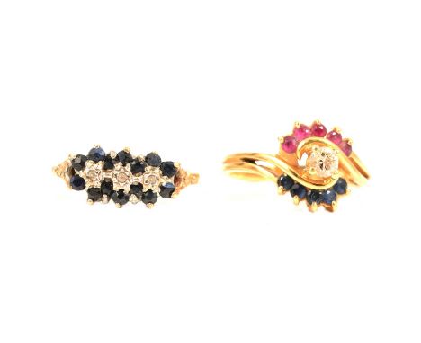 Two gemset rings, a yellow metal ring claw set with a brilliant cut diamond to centre with crossover shoulders set with five 