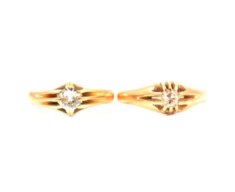 Two old cut diamond solitaires, both in claw mounts, one hallmarked 18 carat gold, ring size M, approximate weight of diamond